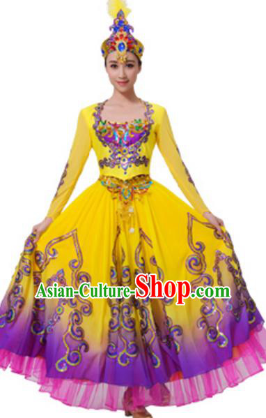 Traditional Chinese Uyghur Nationality Costume, Chinese Uigurian Ethnic Dance Dress Clothing and Hat for Women