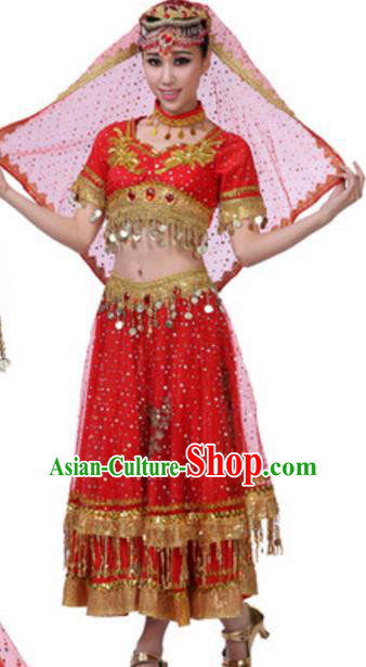 Traditional Chinese Uigurian Nationality Red Dress, China Uyghur Ethnic Dance Costume and Headwear for Women
