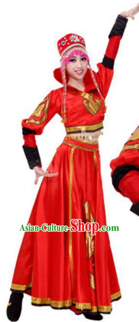 Traditional Chinese Mongols Nationality Female Red Dress, China Mongolian Ethnic Dance Costume and Headwear for Women