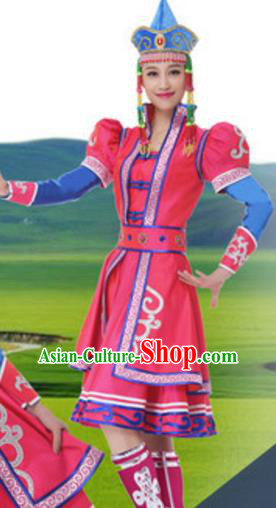Traditional Chinese Mongol Nationality Rosy Dress, China Mongolian Ethnic Dance Costume and Headwear for Women