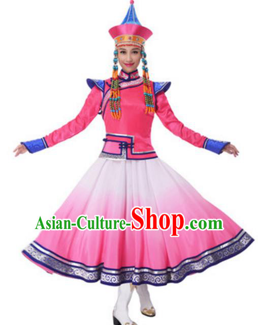 Traditional Chinese Mongol Nationality Princess Pink Dress, China Mongolian Ethnic Dance Costume and Headwear for Women
