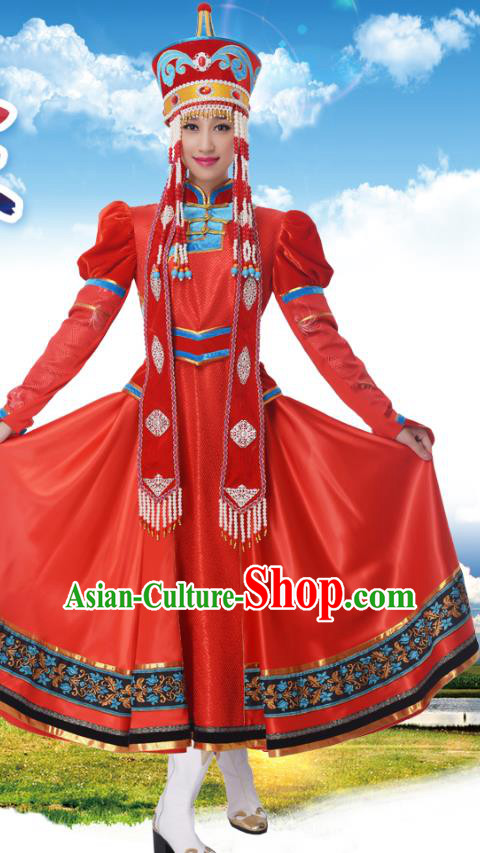 Traditional Chinese Mongolian Nationality Princess Red Dress, China Mongols Minority Ethnic Dance Costume and Headwear for Women