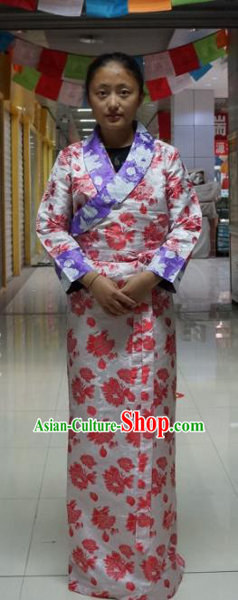 Chinese Traditional Zang Nationality Pink Brocade Dress, China Tibetan Heishui Dance Costume for Women