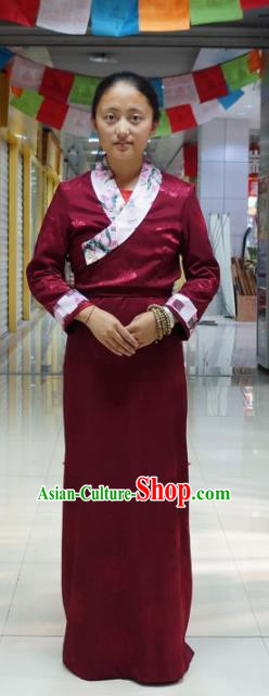 Chinese Traditional Zang Nationality Wine Red Dress, China Tibetan Heishui Dance Costume for Women