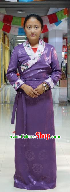 Chinese Traditional Zang Nationality Purple Dress, China Tibetan Heishui Dance Costume for Women