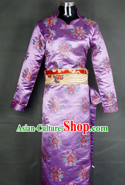Chinese Traditional Zang Nationality Dress, China Tibetan Heishui Dance Purple Brocade Costume for Women