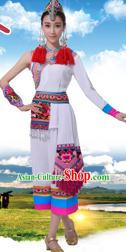 Chinese Traditional She Nationality Dance Clothing, China She Minority Folk Dance Costume and Headpiece for Women