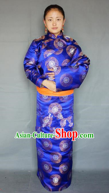 Chinese Traditional Zang Nationality Clothing Royalblue Tibetan Robe, China Tibetan Ethnic Heishui Dance Costume for Women