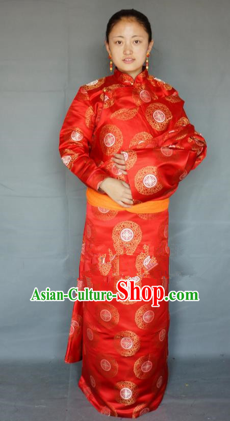 Chinese Traditional Zang Nationality Clothing Red Tibetan Robe, China Tibetan Ethnic Heishui Dance Costume for Women