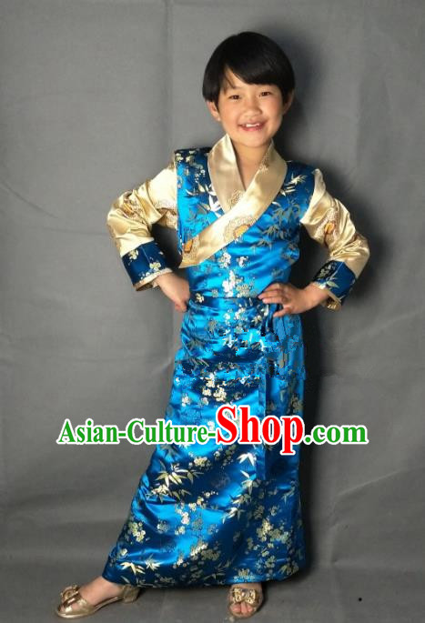 Chinese Traditional Zang Nationality Costume Blue Brocade Dress, China Tibetan Ethnic Clothing for Kids
