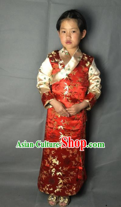 Chinese Traditional Zang Nationality Costume Red Brocade Dress, China Tibetan Ethnic Clothing for Kids