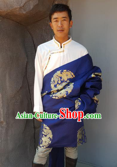 Chinese Traditional Zang Nationality Costume Dragon Satin Tibetan Robe, China Tibetan Ethnic Clothing for Men
