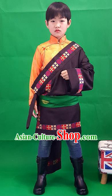 Chinese Traditional Zang Nationality Children Costume, China Tibetan Ethnic Brown Robe for Kids
