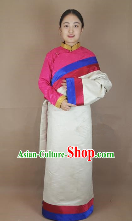 Chinese Traditional Zang Nationality Clothing White Silk Tibetan Robe, China Tibetan Ethnic Heishui Dance Costume for Women