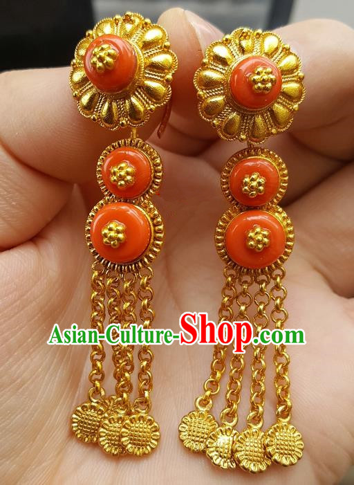 Traditional Chinese Zang Nationality Accessories Earrings, China Tibetan Golden Tassel Eardrop for Women
