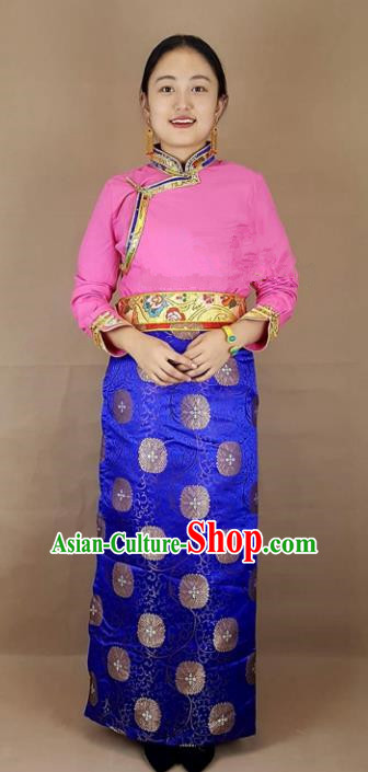 Chinese Traditional Zang Nationality Clothing Royalblue Bust Skirt, China Tibetan Ethnic Heishui Dance Costume for Women