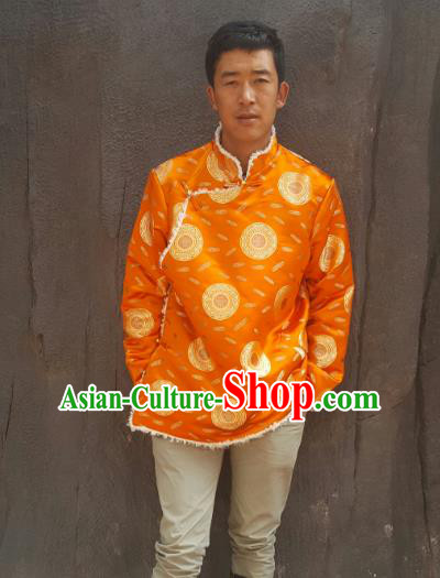 Chinese Traditional Zang Nationality Costume Yellow Cotton-padded Jacket, China Tibetan Ethnic Clothing for Men