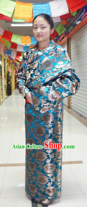 Chinese Traditional Zang Nationality Blue Dress Clothing, China Tibetan Ethnic Heishui Dance Costume for Women