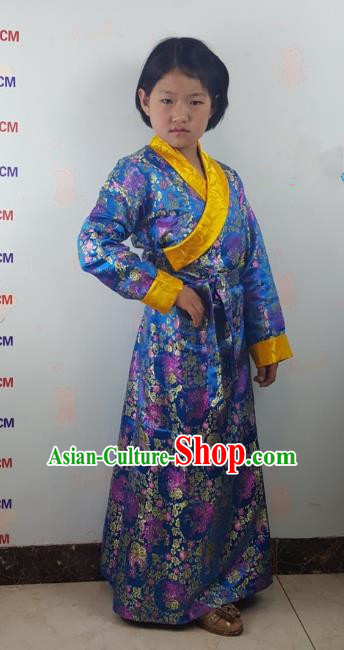 Chinese Traditional Zang Nationality Children Costume, China Tibetan Ethnic Blue Brocade Dress for Kids