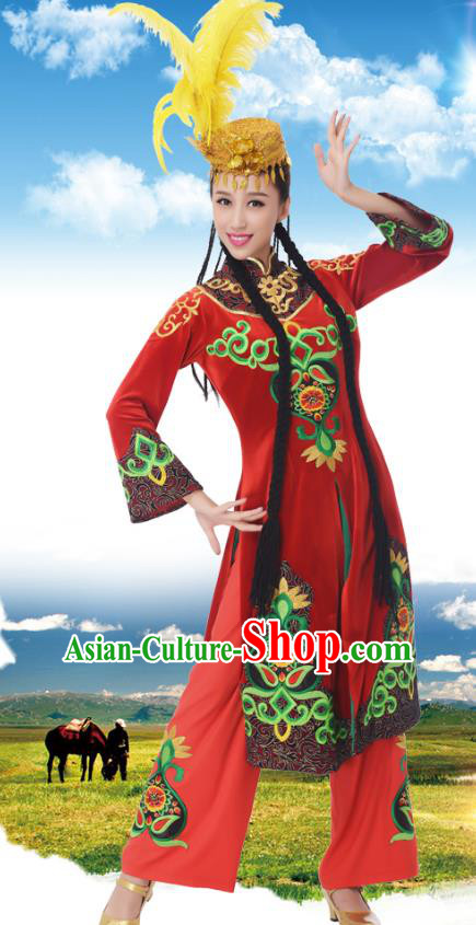 Chinese Traditional Uyghur Nationality Red Dress, China Uigurian Minority Ethnic Dance Costume and Headpiece for Women