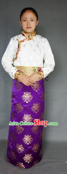 Chinese Traditional Zang Nationality Purple Brocade Skirt, China Tibetan Heishui Dance Costume for Women