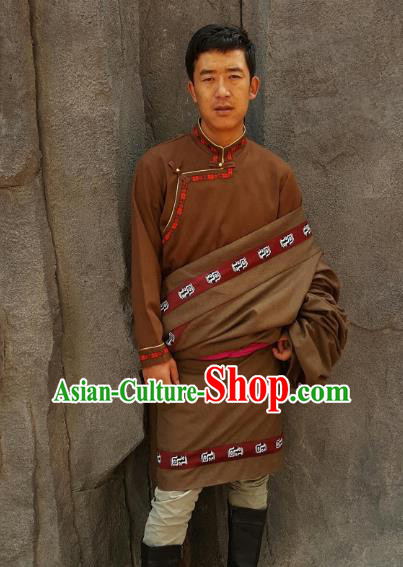 Chinese Traditional Zang Nationality Male Brown Costume, China Tibetan Heishui Dance Ethnic Clothing for Men