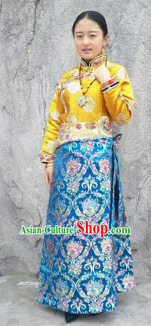 Chinese Traditional Zang Nationality Blue Brocade Bust Skirt, China Tibetan Heishui Dance Costume for Women