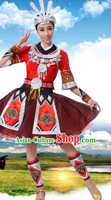 Chinese Traditional Miao Nationality Red Dress, China Hmong Minority Ethnic Dance Costume and Headpiece for Women
