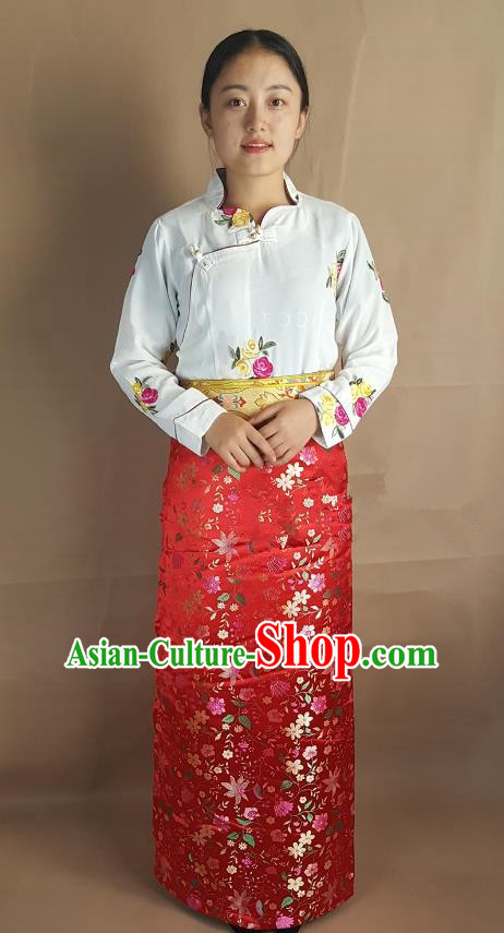 Chinese Traditional Zang Nationality Heishui Dance Costume, China Tibetan Red Brocade Skirt for Women
