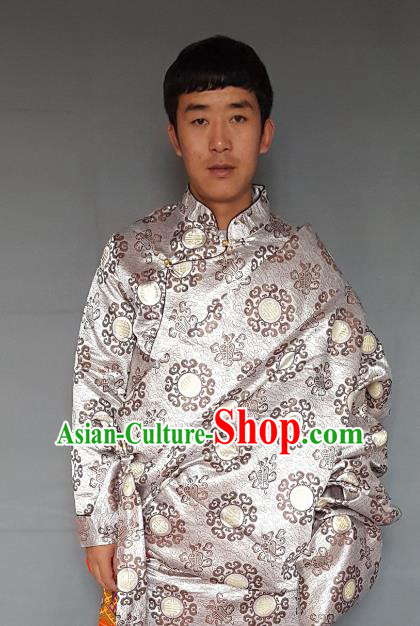 Chinese Traditional Zang Nationality Costume White Tibetan Robe, China Tibetan Ethnic Embroidered Clothing for Men