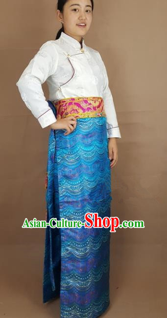 Chinese Traditional Zang Nationality Costume, China Tibetan Heishui Dance Blue Brocade Skirt for Women