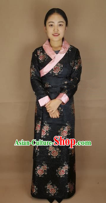Chinese Traditional Zang Nationality Costume Black Brocade Dress, China Tibetan Heishui Dance Clothing for Women