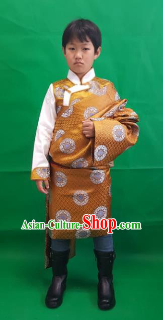 Chinese Traditional Zang Nationality Children Costume, China Tibetan Ethnic Clothing Yellow Tibetan Robe for Kids