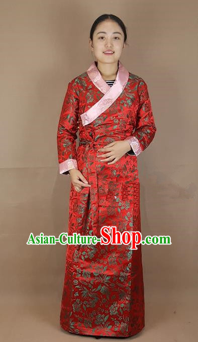 Chinese Traditional Zang Nationality Heishui Dance Costume, China Tibetan Red Brocade Dress for Women