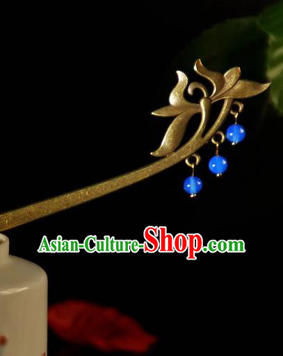 Chinese Traditional Ancient Hair Accessories Hanfu Lotus Hairpins Cloisonne Blue Beads Tassel Hair Clip Headwear for Women