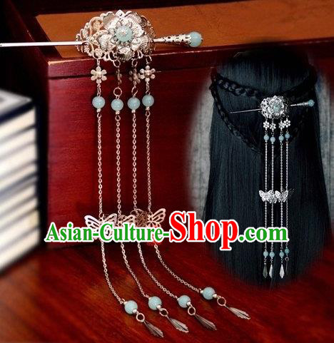 Chinese Traditional Ancient Hair Accessories Hanfu Butterfly Tassel Hairpins Blue Beads Hairdo Crown Headwear for Women