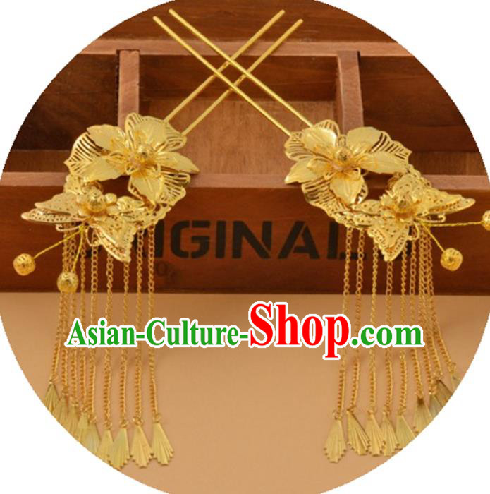 Chinese Traditional Ancient Hair Accessories Hanfu Golden Flowers Butterfly Hairpins Tassel Hair Clip Headwear for Women