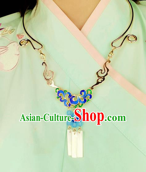 Chinese Traditional Ancient Longevity Lock Accessories Hanfu Blueing Lotus Golden Necklace for Women