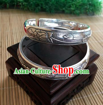 Handmade Chinese Miao Nationality Sliver Bracelet Traditional Hmong Carving Lotus Bangle for Women