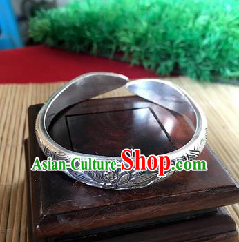 Handmade Chinese Miao Nationality Carving Lotus Sliver Bracelet Traditional Hmong Bangle for Women