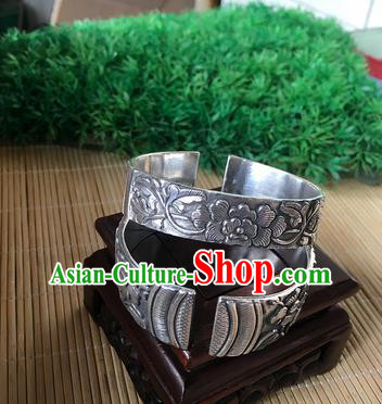 Handmade Chinese Miao Nationality Carving Peony Sliver Bracelet Traditional Hmong Bangle for Women