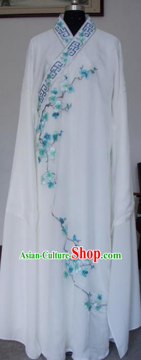 Chinese Traditional Shaoxing Opera Niche Embroidered Wintersweet White Silk Robe Clothing Peking Opera Scholar Costume for Adults