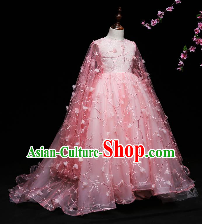 Children Modern Dance Costume Compere Pink Full Dress Stage Piano Performance Princess Dress for Kids