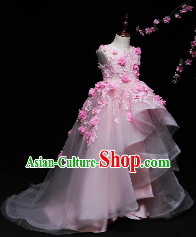 Children Modern Dance Costume Compere Pink Flowers Trailing Full Dress Stage Piano Performance Princess Dress for Kids