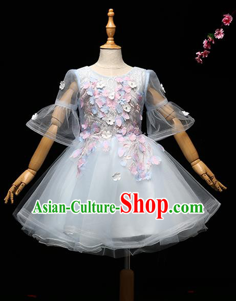 Children Modern Dance Costume Princess Full Dress Stage Performance Chorus Blue Bubble Dress for Kids