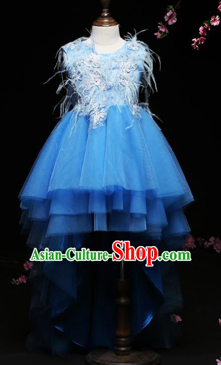 Children Modern Dance Costume Compere Blue Veil Trailing Full Dress Stage Piano Performance Princess Dress for Kids