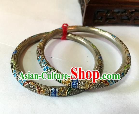 Handmade Chinese Miao Nationality Blueing Sliver Bracelet Traditional Hmong Bangle for Women