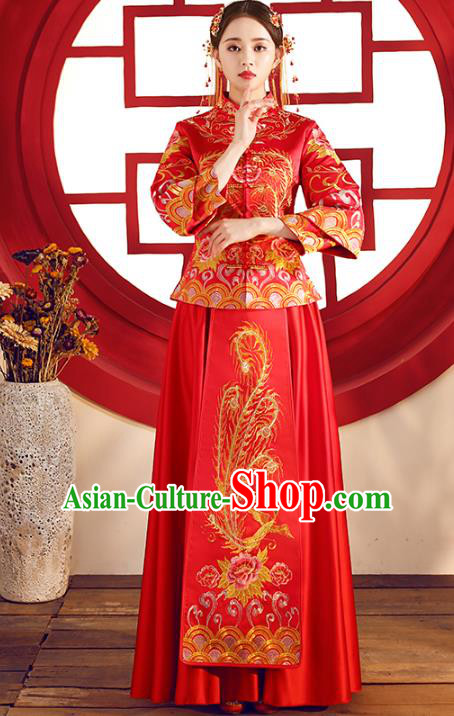 Top Grade Chinese Traditional Wedding Costumes Red Xiuhe Suits Bride Embroidered Phoenix Dress for Women