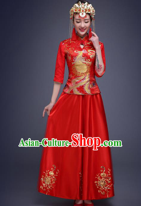 Top Grade Chinese Traditional Wedding Costumes Embroidered Red Xiuhe Suits Bride Toast Dress for Women