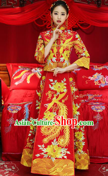 Top Grade Chinese Traditional Wedding Costumes Embroidered Phoenix Peony Xiuhe Suits Bride Toast Red Dress for Women